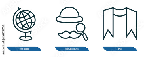 set of 3 linear icons from education collection. concept. outline icons such as earth globe, sherlock holmes, sash vector