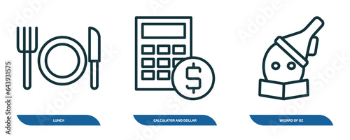 set of 3 linear icons from education concept. outline icons such as lunch, calculator and dollar, wizard of oz vector
