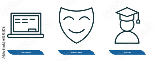 set of 3 linear icons from education concept. outline icons such as chalkboard, comedy mask, student vector