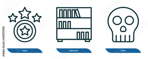 set of 3 linear icons from education concept. outline icons such as proud, book shelf, yorick vector