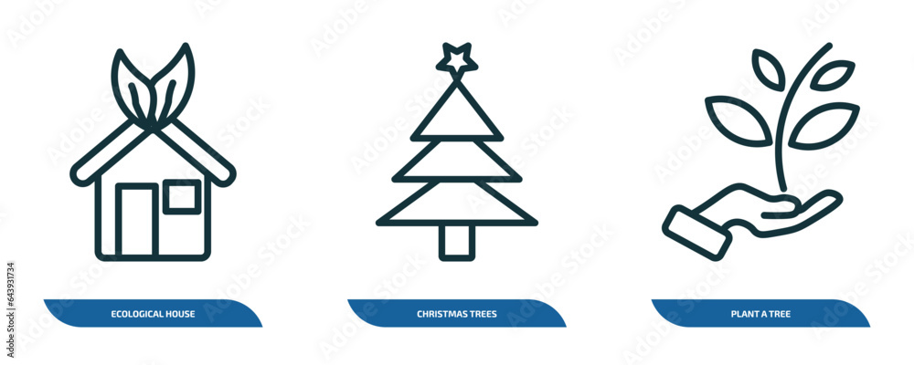 set of 3 linear icons from ecology concept. outline icons such as ecological house, christmas trees, plant a tree vector