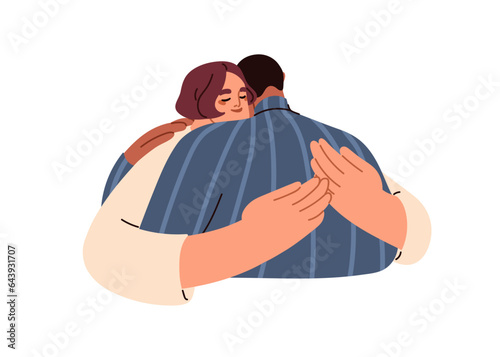 Woman and man hugging. Love couple embracing. Happy biracial family, husband and wife cuddling, supporting. Two people, romantic partners. Flat graphic vector illustration isolated on white background