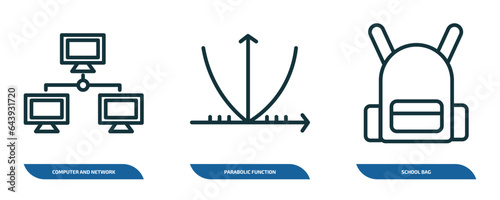 set of 3 linear icons from education concept. outline icons such as computer and network, parabolic function, school bag vector