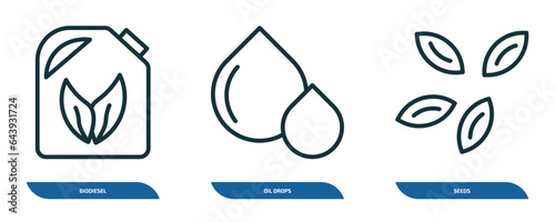 set of 3 linear icons from ecology concept. outline icons such as biodiesel, oil drops, seeds vector