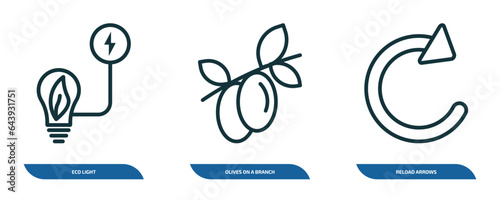set of 3 linear icons from ecology concept. outline icons such as eco light, olives on a branch, reload arrows vector