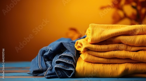 Stack of brand new blue and yellow jeans on wooden table. Yellow background. Bright creative advertising, fashion and retail concept. Copy space.