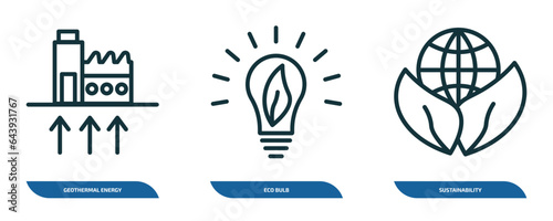 set of 3 linear icons from ecology concept. outline icons such as geothermal energy, eco bulb, sustainability vector