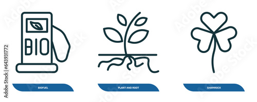 set of 3 linear icons from ecology concept. outline icons such as biofuel, plant and root, shamrock vector