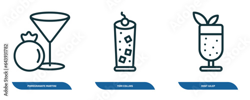 set of 3 linear icons from drinks concept. outline icons such as pomegranate martini, tom collins, mint julep vector