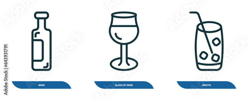 set of 3 linear icons from drinks concept. outline icons such as wine, glass of wine, mojito vector