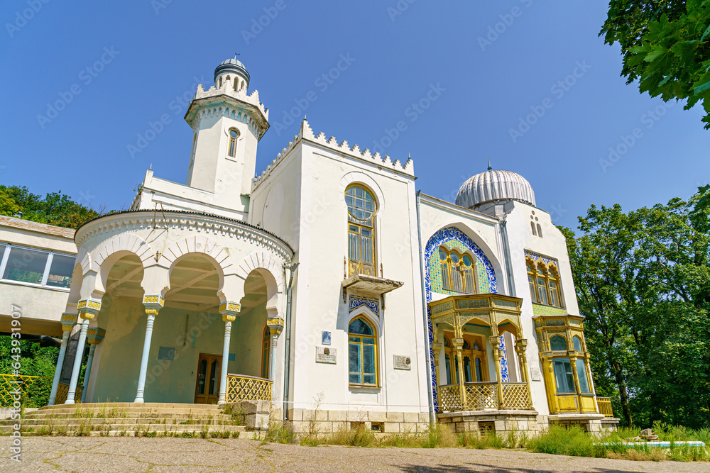 Zheleznovodsk, Russia - August 28, 2021: Palace of the Emir of Bukhara - a palace ensemble in the resort park on the territory of the current sanatorium named after Ernst Thalmann