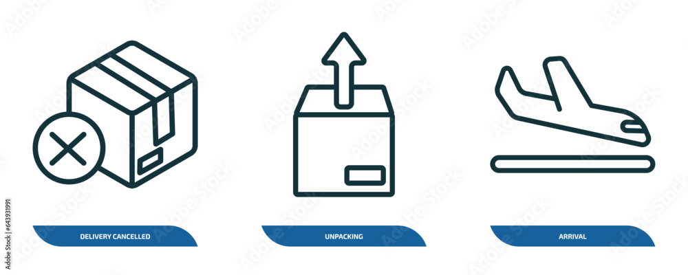 set of 3 linear icons from delivery and logistic concept. outline icons such as delivery cancelled, unpacking, arrival vector