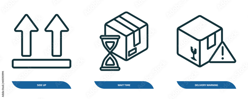 set of 3 linear icons from delivery and logistic concept. outline icons such as side up, wait time, delivery warning vector set of 3 linear icons from delivery and logistic concept. outline icons such as side up, wait time, delivery warning vector