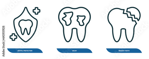 set of 3 linear icons from dentist concept. outline icons such as dental protection, decay, broken tooth vector