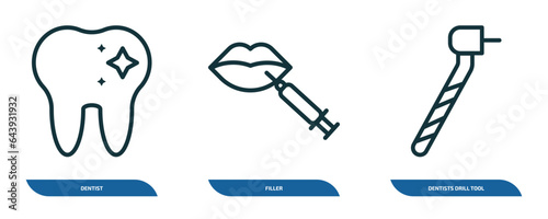 set of 3 linear icons from dentist concept. outline icons such as dentist, filler, dentists drill tool vector