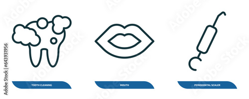 set of 3 linear icons from dentist concept. outline icons such as tooth cleaning, mouth, periodontal scaler vector