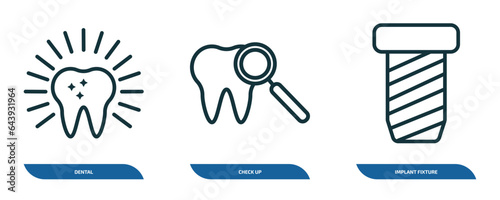 set of 3 linear icons from dentist concept. outline icons such as dental, check up, implant fixture vector photo