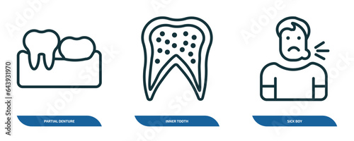 set of 3 linear icons from dentist concept. outline icons such as partial denture, inner tooth, sick boy vector