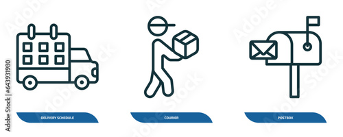 set of 3 linear icons from delivery and logistic concept. outline icons such as delivery schedule, courier, postbox vector