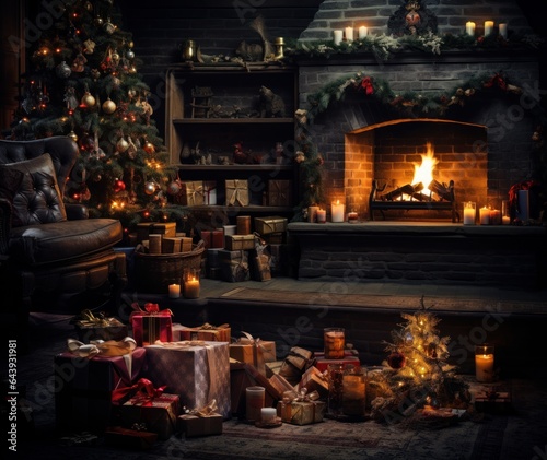 Interior of luxury classic living room with Christmas decor and magic atmosphere. Blazing fireplace, garlands and burning candles, elegant Christmas tree, gift boxes. Christmas celebration concept.