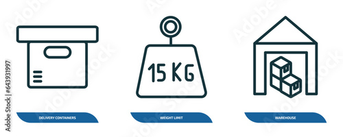 set of 3 linear icons from delivery and logistic concept. outline icons such as delivery containers, weight limit, warehouse vector