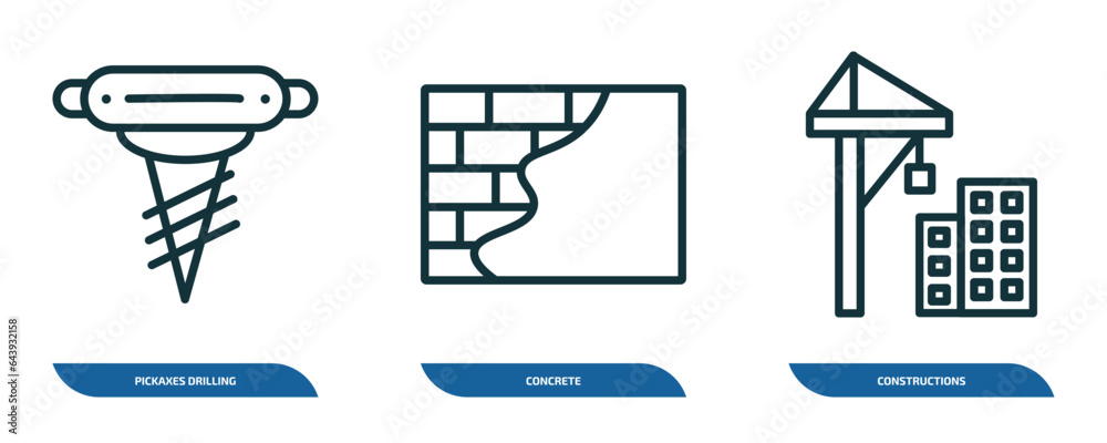 set of 3 linear icons from construction concept. outline icons such as pickaxes drilling, concrete, constructions vector set of 3 linear icons from construction concept. outline icons such as pickaxes drilling, concrete, constructions vector