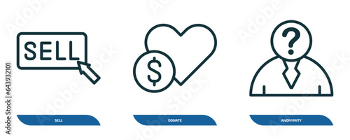 set of 3 linear icons from blockchain concept. outline icons such as sell, donate, anonymity vector