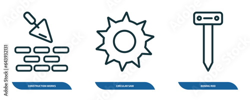 set of 3 linear icons from construction tools concept. outline icons such as construction works, circular saw, boning rod vector
