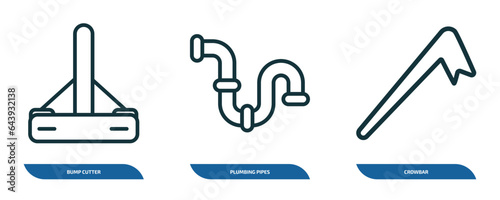 set of 3 linear icons from construction tools concept. outline icons such as bump cutter, plumbing pipes, crowbar vector