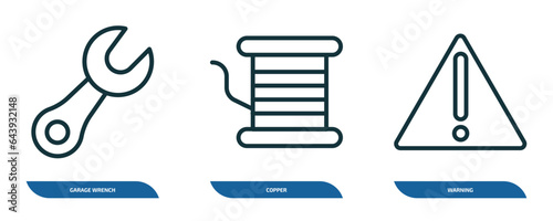 set of 3 linear icons from construction tools concept. outline icons such as garage wrench, copper, warning vector