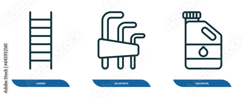 set of 3 linear icons from construction tools concept. outline icons such as ladder, allen keys, gallon oil vector