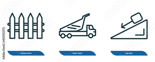 set of 3 linear icons from construction concept. outline icons such as garden fence, dump truck, inclined vector
