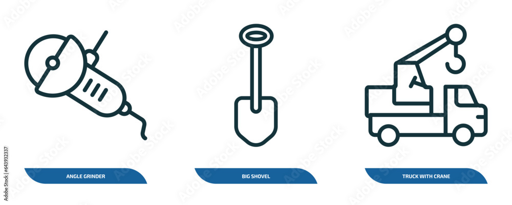 set of 3 linear icons from construction concept. outline icons such as angle grinder, big shovel, truck with crane vector set of 3 linear icons from construction concept. outline icons such as angle grinder, big shovel, truck with crane vector