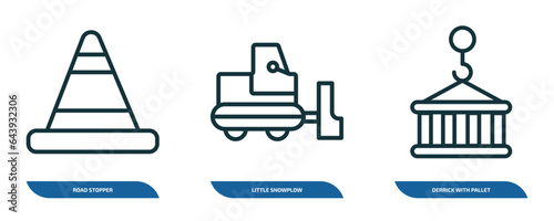 set of 3 linear icons from construction concept. outline icons such as road stopper, little snowplow, derrick with pallet vector