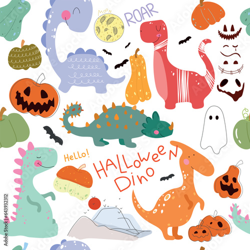 Seamless cute dino pattern with pumpkins and buts for halloween. Words :Halloween Dino, ROAR, hello. Vector illustration, kids pattern.