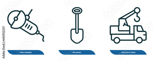 set of 3 linear icons from construction concept. outline icons such as angle grinder, big shovel, truck with crane vector
