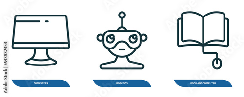 set of 3 linear icons from computer concept. outline icons such as computers, robotics, book and computer mouse vector