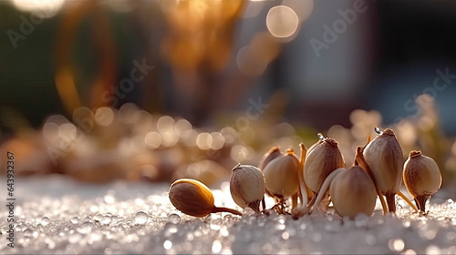Germinating Seeds of Vegetable on the Earth under snow in winter, AI Generated