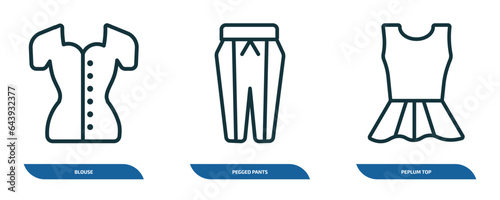 set of 3 linear icons from clothes concept. outline icons such as blouse, pegged pants, peplum top vector
