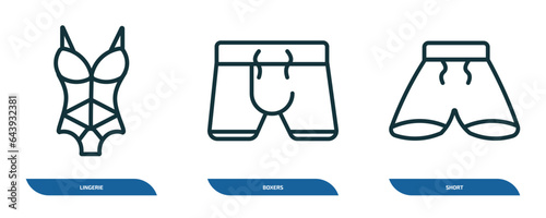 set of 3 linear icons from clothes concept. outline icons such as lingerie, boxers, short vector