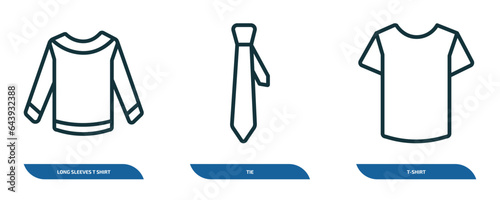 set of 3 linear icons from clothes concept. outline icons such as long sleeves t shirt  tie  t-shirt vector