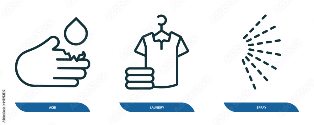 set of 3 linear icons from cleaning concept. outline icons such as acid, laundry, spray vector set of 3 linear icons from cleaning concept. outline icons such as acid, laundry, spray vector