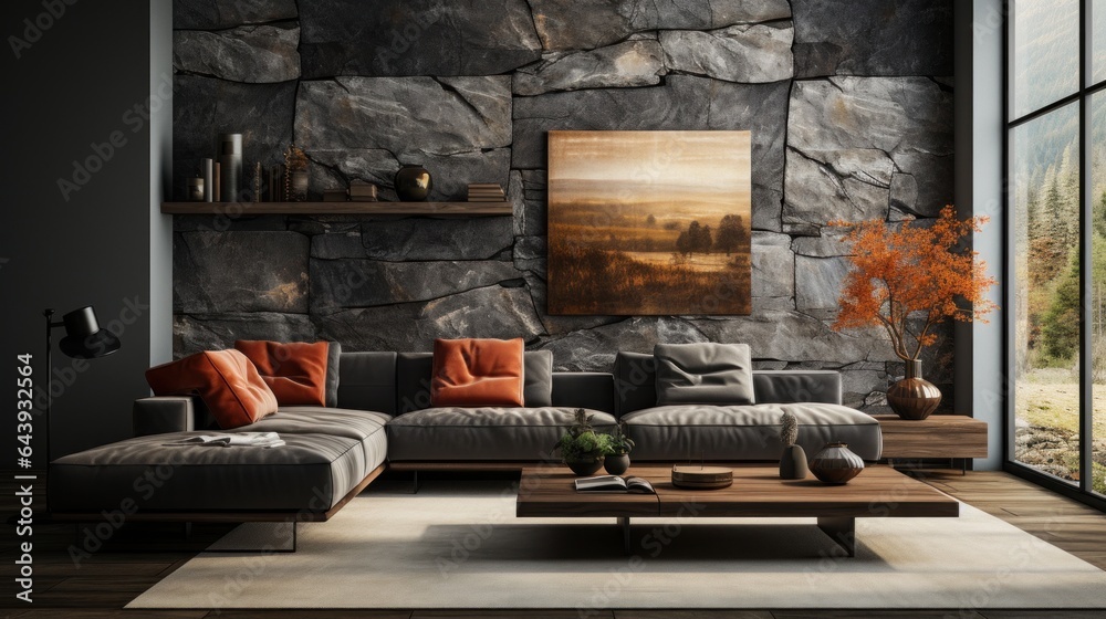 Interior of cozy living area in modern luxury cottage. Stone wall ...