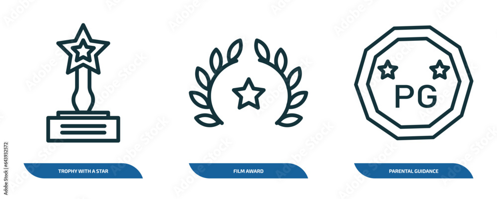 set of 3 linear icons from cinema concept. outline icons such as trophy with a star, film award, parental guidance vector set of 3 linear icons from cinema concept. outline icons such as trophy with a star, film award, parental guidance vector
