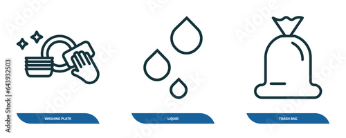 set of 3 linear icons from cleaning concept. outline icons such as washing plate, liquid, trash bag vector