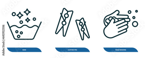 set of 3 linear icons from cleaning concept. outline icons such as soak, clothes peg, hand washing vector