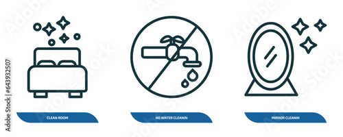set of 3 linear icons from cleaning concept. outline icons such as clean room, no water cleanin, mirror cleanin vector