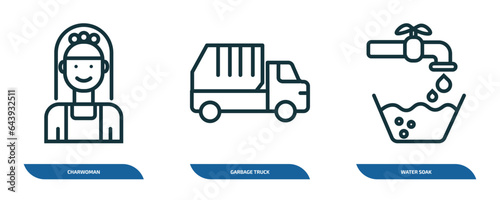set of 3 linear icons from cleaning concept. outline icons such as charwoman, garbage truck, water soak vector