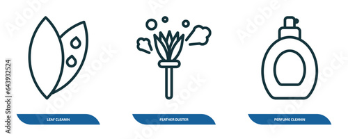 set of 3 linear icons from cleaning concept. outline icons such as leaf cleanin, feather duster, perfume cleanin vector