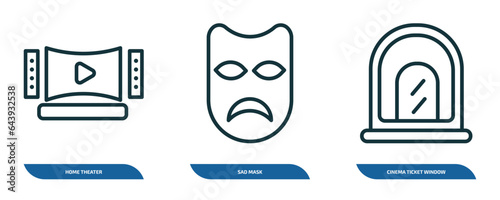 set of 3 linear icons from cinema concept. outline icons such as home theater, sad mask, cinema ticket window vector